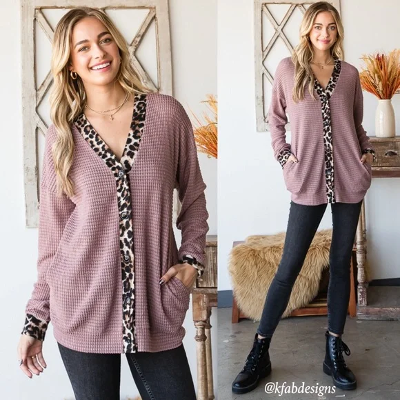 LAST 2! Animal Print Contrast Button Down Soft Waffle Knit Shacket w/Pockets! - Picture 4 of 7